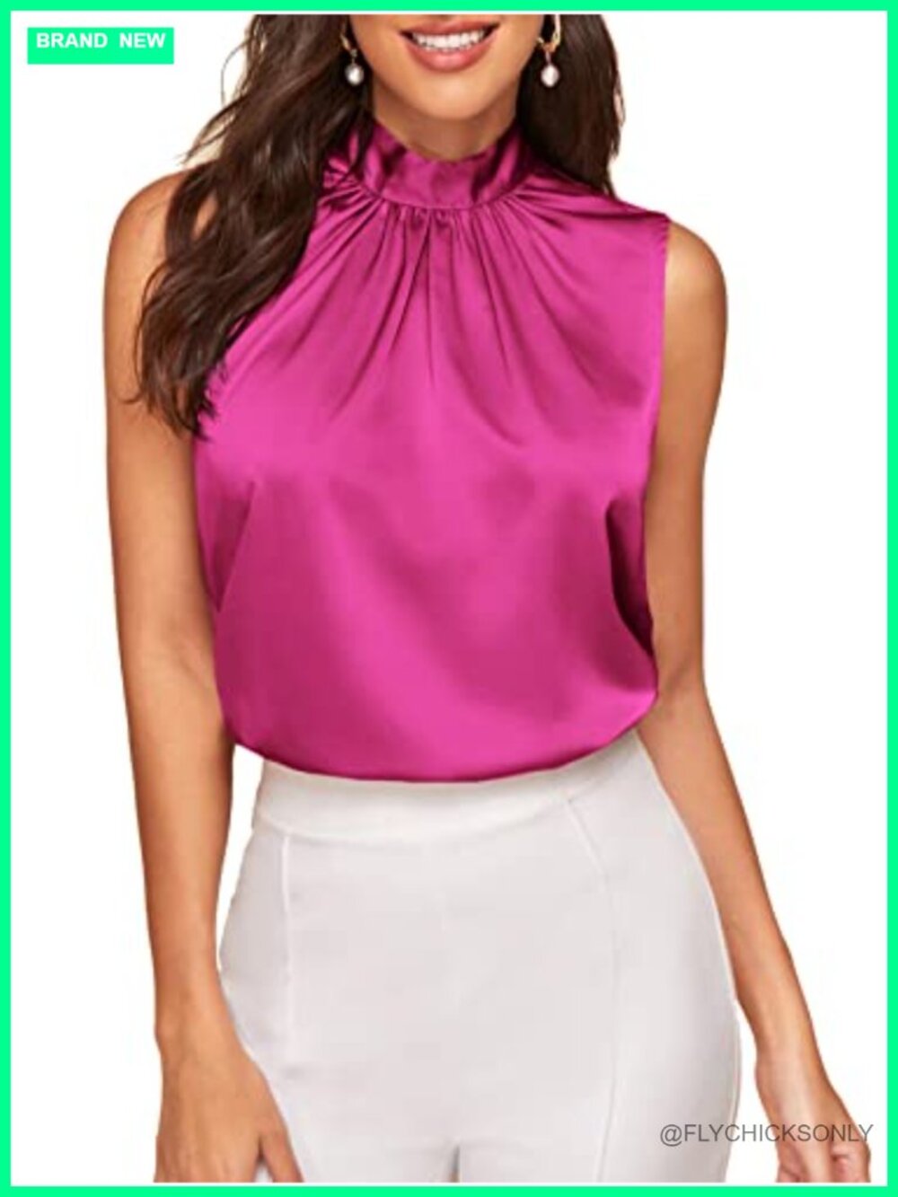 Satin Pleated Blouse Knot Back Mock Neck Dressy Work Top